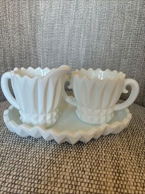 Indiana Milk Glass Creamer & Sugar Set with Tray in Lotus Blossom / Tulip #1007